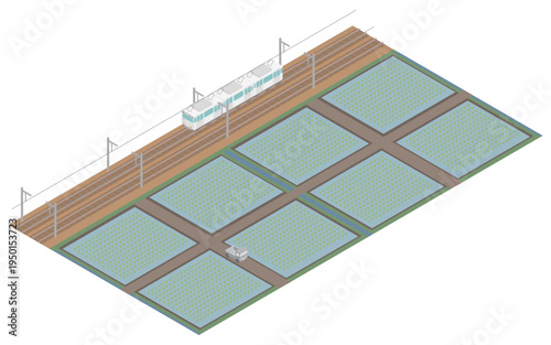 アイソメトリックな鉄道と田んぼと軽トラックの田園風景のイメージ素材