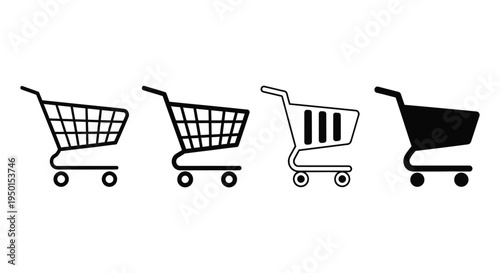 Collection of four distinct vector graphic shopping cart icons representing commerce and retail services