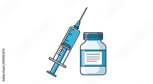 Simple vector graphic illustration of a medical syringe and a vial representing vaccination or medical treatment