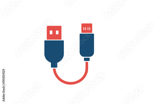 A red and blue USB cable with two male connectors is bent into a simple U shape