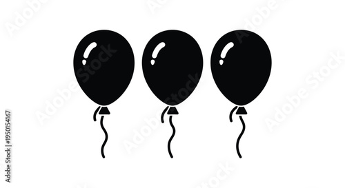 Simple black and white vector graphic illustration design featuring three floating party balloons