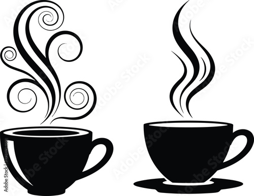 Stylized black coffee cup vector illustration set with artistic steam designs, decorative beverage icons for café, kitchen, drink, and creative design projects