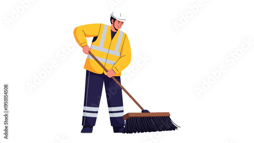 Cleaning up the streets: A dedicated sanitation worker, clad in reflective gear and a hard hat, diligently sweeps a street, embodying the essence of urban cleanliness.