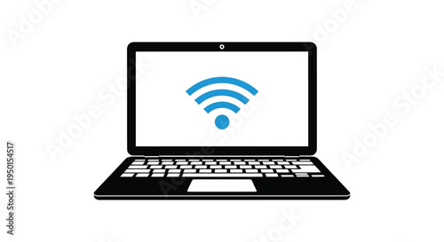 Black silhouette vector illustration of a laptop computer displaying a bright blue wireless signal icon