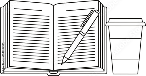 Open book with a pen and a disposable coffee cup presented as a minimalist black and white outline vector illustration ideal for study writing or creative work concepts