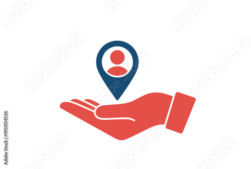 A red hand gently holds a blue location pin featuring a white person icon, symbolizing guidance or service