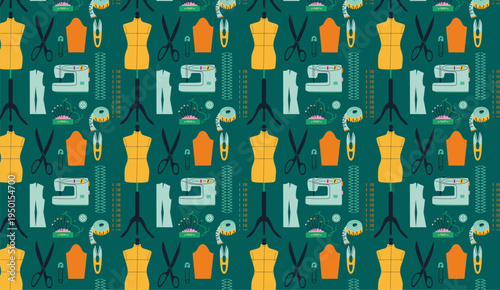 Seamless Pattern with Hand Drawn Sewing Tools and Tailoring Accessories