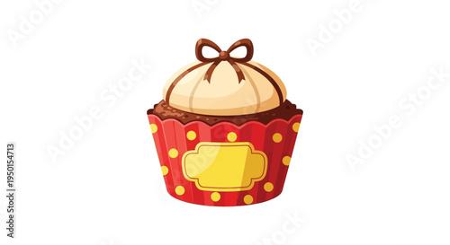 Delicious vector graphic illustration of a chocolate cupcake wrapped in a festive red polka dot wrapper