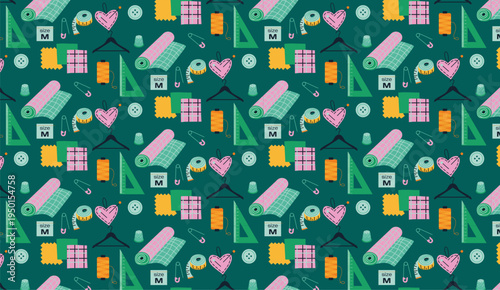 Seamless Pattern with Hand Drawn Sewing Tools and Tailoring Accessories