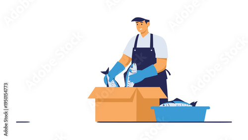 Fresh Catch: A skilled individual meticulously arranges freshly caught fish into a container. This image is a testament to the effort it takes to bring seafood from the ocean to the table.