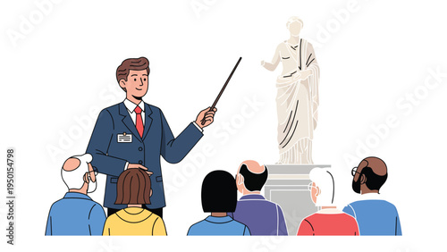 Guided Tour of Ancient Art: A knowledgeable tour guide passionately elucidates the history and significance of a classical statue to a captivated group of visitors.