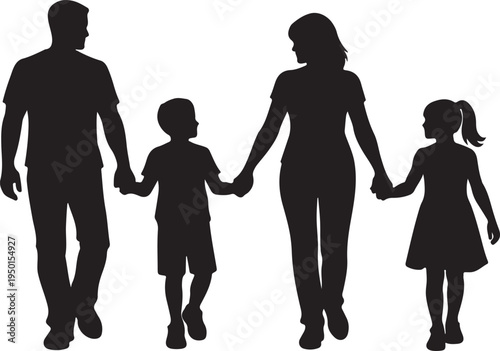 Family silhouette with parents and two children standing together