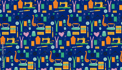 Seamless Pattern with Hand Drawn Sewing Tools and Tailoring Accessories