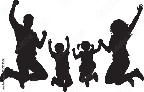 Kids jumping silhouette group having fun isolated on white background