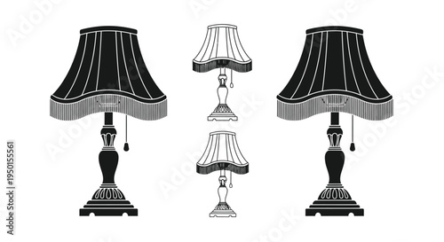 Three vintage table lamps in a black and white line art style