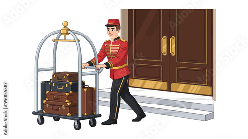 Bellhop with luggage cart: A friendly bellhop assists guests, transporting their luggage with a wheeled cart, symbolizing hospitality and service at a grand hotel entrance.