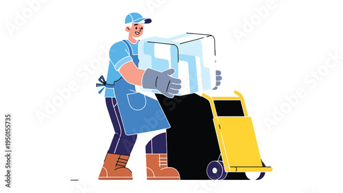 Ice Delivery: A person handles and carries a large ice block, employing a hand truck for efficient delivery and service. 