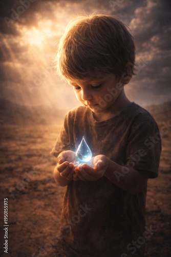 Concept of Hope and Environmental Conservation Showing a Child Holding a Glowing Water Droplet in a Desert