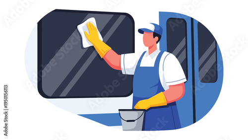 Cleanliness in Transit: A diligent cleaner, clad in protective gear, meticulously wipes down the window of a train, embodying the commitment to hygiene and travel comfort.