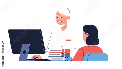 Consultation and Guidance: An illustration portrays an elderly person offering expertise and support to another individual at a desk, fostering a sense of learning and mentorship