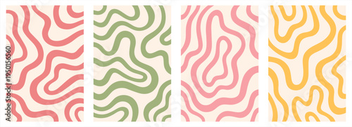 Organic twisted lines shapes, fluid curved wiggling stripes waves vector backgrounds set. Liquid funky ornaments, groovy hippie patterns collection. Doodle uneven hand drawn wavy winding bold lines