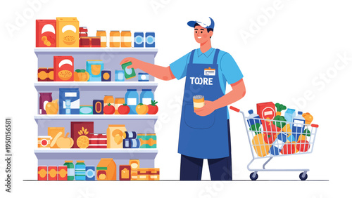 Supermarket Display: A focused worker carefully arranges products on a shelf, showcasing a bustling scene of food items and groceries within the grocery store.