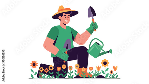 Gardening with Joy: A gardener kneels among a vibrant flower bed, tending with care and dedication, showcasing a passion for cultivating beauty and nurturing life.