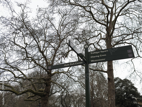 Photography Signpost in a London park directs to Trafalgar Square Charing Cross and Westmins