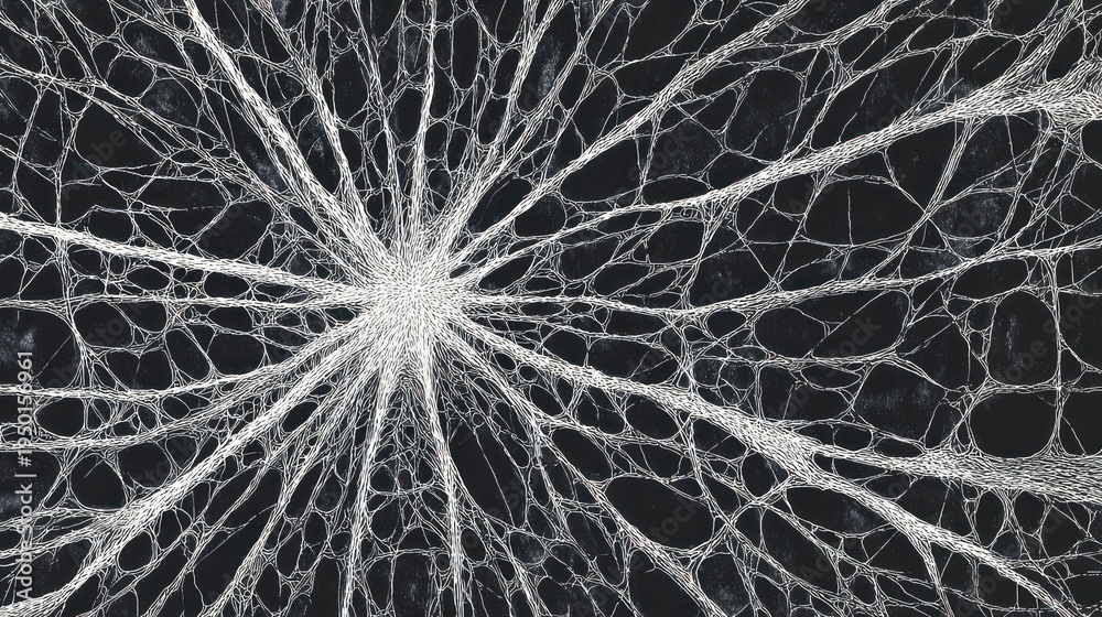 Obraz premium Abstract, network-like structure, with bright, interconnected lines emanating from a central point