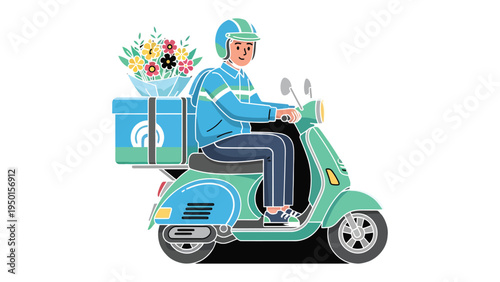 Delivery Man on Scooter with Flowers: A skilled delivery person, expertly navigating a scooter with a vibrant floral arrangement, ensuring timely and delightful service.