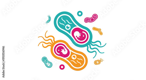 Stylized illustration of two colorful bacteria or microorganisms with flagella, surrounded by smaller microbial shapes on a white background, representing microscopic life.