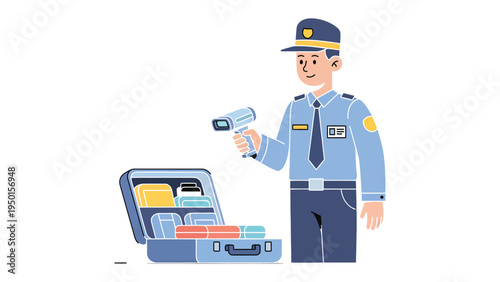 Security Check: A vigilant officer scans a briefcase, representing the concept of inspection, security, and protection.