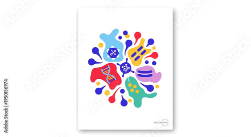 Colorful abstract scientific illustration with DNA, cells, and molecular structures in a circular arrangement on a white background.