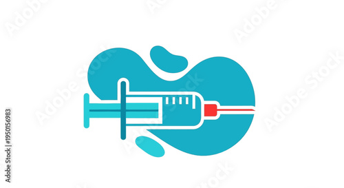 A stylized illustration of a medical syringe with a red tip, set against a vibrant turquoise abstract background with organic shapes.