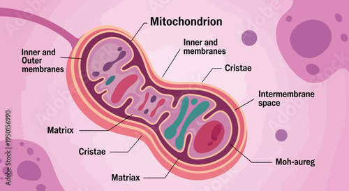 Detailed diagram of a mitochondrion showing its internal structure, including membranes, cristae, matrix, and intermembrane space.