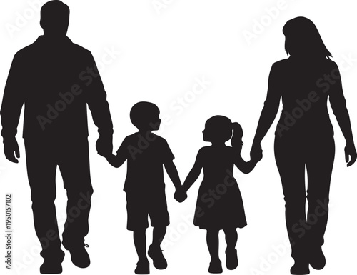 Silhouette of a happy family with two children walking and holding hands on a white background