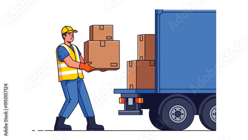 Delivery Man in Action: A dedicated delivery worker efficiently loads packages into a large truck, representing the seamless process of logistics and transport.