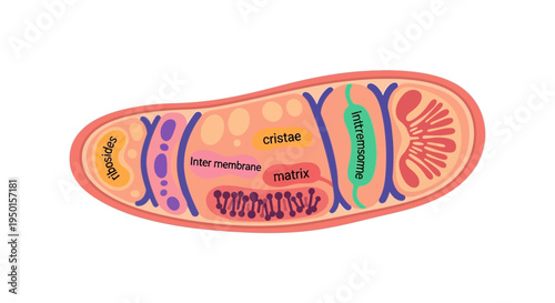 Detailed diagram of a mitochondrion showing its internal structures and membranes for cellular energy production.