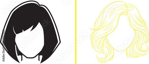 Vector line art of a sleek black bob with a fringe and a voluminous yellow blonde hairstyle with soft waves. Elegant hair silhouettes ideal for modern beauty branding and professional salon catalogs.