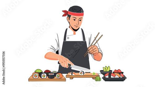 Sushi Chef at Work: Capturing a culinary artist meticulously crafting sushi rolls, showcasing the precision and artistry of the chef.