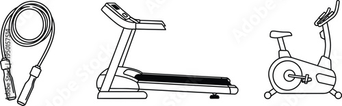 Set of fitness equipment line art icons including a jump rope treadmill and exercise bike perfect for health and workout applications