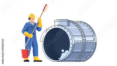 Maintaining Infrastructure: A sanitation worker diligently cleans a massive industrial conduit with specialized equipment, highlighting the vital work of infrastructure maintenance.