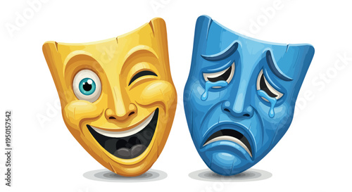 Two theatrical masks, one yellow smiling and one blue frowning, on a white background with dramatic expressions.