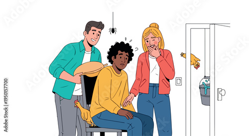 Illustration of a diverse group of people interacting in a medical setting with a concerned mood.