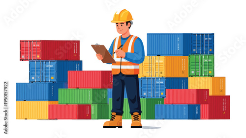 Warehouse Inspector: A diligent warehouse inspector meticulously examines the colorful cargo containers, ensuring everything is in order. Focus on the inspection process.