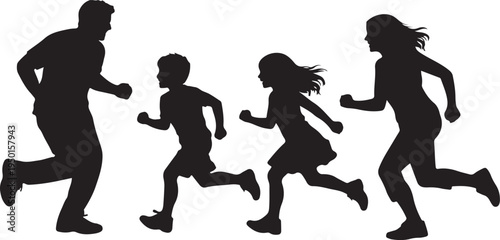 Silhouette of a happy family with two children running together on a white background