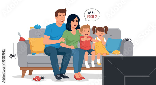 A cartoon family sitting on a couch watching TV with toys scattered around them in a cozy home setting with a warm and lively mood.
