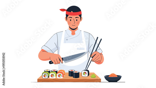 Sushi Chef in Action: A skilled sushi chef, focused and precise, meticulously prepares a colorful array of sushi rolls and nigiri, using traditional techniques and fresh ingredients. 
