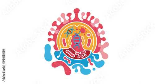Abstract illustration of a cell or virus with internal biological structures like DNA, bacteria, and cellular components, surrounded by a fluid environment, depicting microbiology.