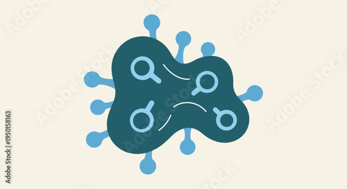 An abstract illustration depicting a complex, amoeba-like structure with multiple magnifying glass icons connected by dashed lines, symbolizing data analysis or scientific research.